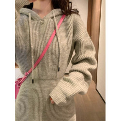 法式復古連帽加厚針織毛衣連衣裙女冬季2025新款減齡包臀短款裙子