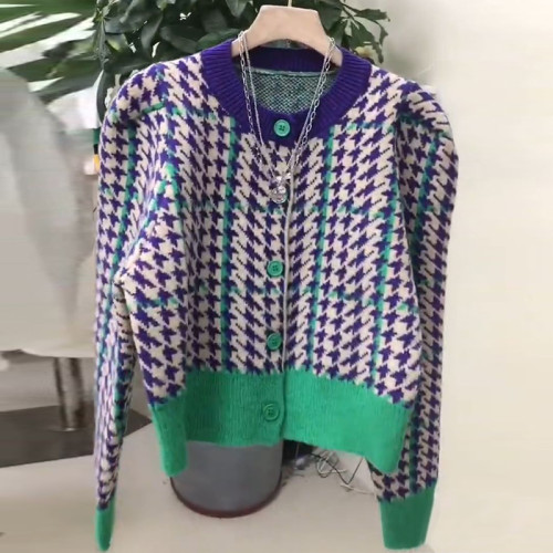 千鳥格設計感圓領毛衣女開衫2021秋冬季新款撞色小香風針織外套 千鳥格設計感圓領毛衣女開衫2021秋冬季新款撞色小香風針織外套