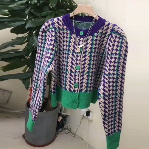 千鳥格設計感圓領毛衣女開衫2021秋冬季新款撞色小香風針織外套 千鳥格設計感圓領毛衣女開衫2021秋冬季新款撞色小香風針織外套