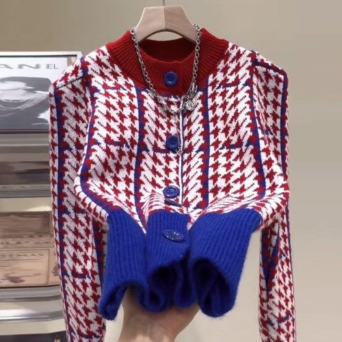 千鳥格設計感圓領毛衣女開衫2021秋冬季新款撞色小香風針織外套 千鳥格設計感圓領毛衣女開衫2021秋冬季新款撞色小香風針織外套