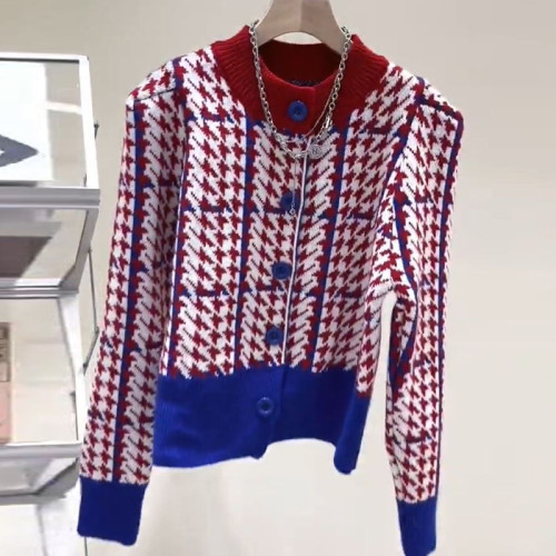 千鳥格設計感圓領毛衣女開衫2021秋冬季新款撞色小香風針織外套 千鳥格設計感圓領毛衣女開衫2021秋冬季新款撞色小香風針織外套