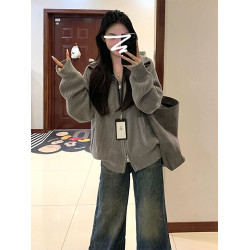 2025秋冬季新款小個子灰色拉鍊開衫毛衣女加厚外套慵懶風韓系上衣
