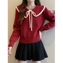 秋冬新款大碼女裝胖mm顯瘦遮肉洋氣娃娃領毛衣新年紅色打底針織衫