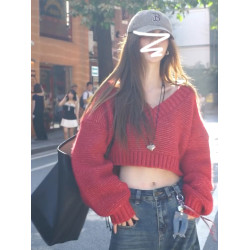 復古紅色v領毛衣女秋冬季2025新款慵懶風高級感寬松短款針織上衣