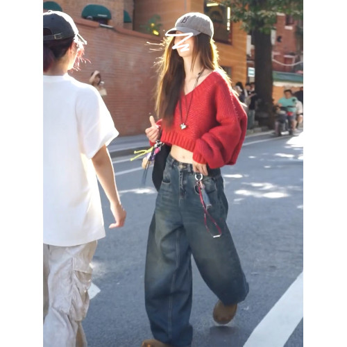 復古紅色v領毛衣女秋冬季2025新款慵懶風高級感寬松短款針織上衣 復古紅色v領毛衣女秋冬季2025新款慵懶風高級感寬松短款針織上衣