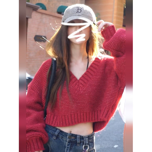 復古紅色v領毛衣女秋冬季2025新款慵懶風高級感寬松短款針織上衣 復古紅色v領毛衣女秋冬季2025新款慵懶風高級感寬松短款針織上衣