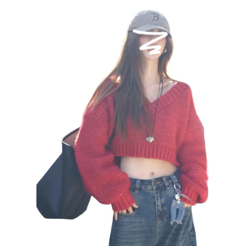 復古紅色v領毛衣女秋冬季2025新款慵懶風高級感寬松短款針織上衣 復古紅色v領毛衣女秋冬季2025新款慵懶風高級感寬松短款針織上衣
