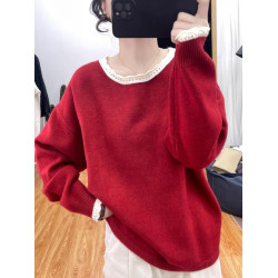 秋冬花邊領加厚拼色針織衫女減齡寬松上衣2025新款圓領打底衫毛衣