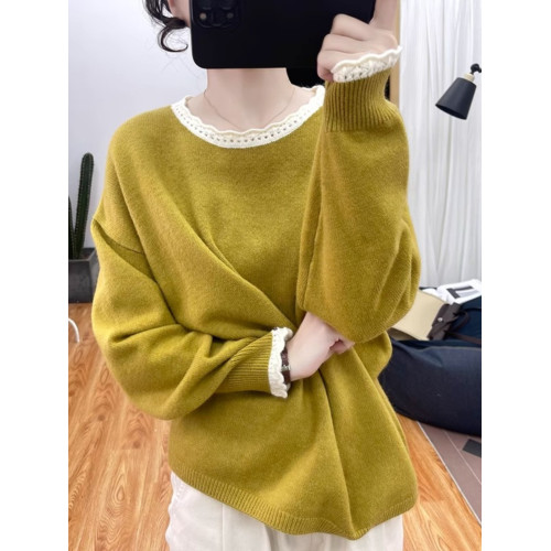 秋冬花邊領加厚拼色針織衫女減齡寬松上衣2025新款圓領打底衫毛衣 秋冬花邊領加厚拼色針織衫女減齡寬松上衣2025新款圓領打底衫毛衣