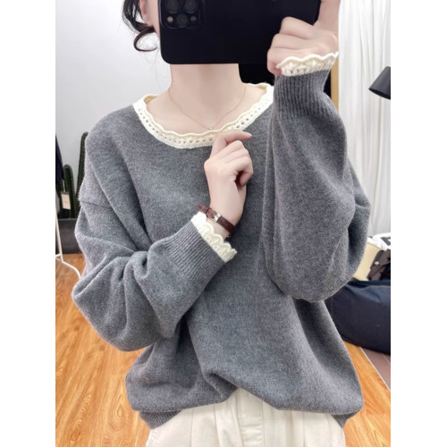 秋冬花邊領加厚拼色針織衫女減齡寬松上衣2025新款圓領打底衫毛衣 秋冬花邊領加厚拼色針織衫女減齡寬松上衣2025新款圓領打底衫毛衣