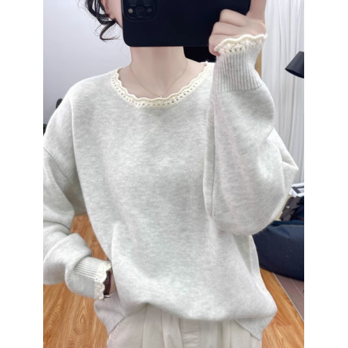 秋冬花邊領加厚拼色針織衫女減齡寬松上衣2025新款圓領打底衫毛衣 秋冬花邊領加厚拼色針織衫女減齡寬松上衣2025新款圓領打底衫毛衣