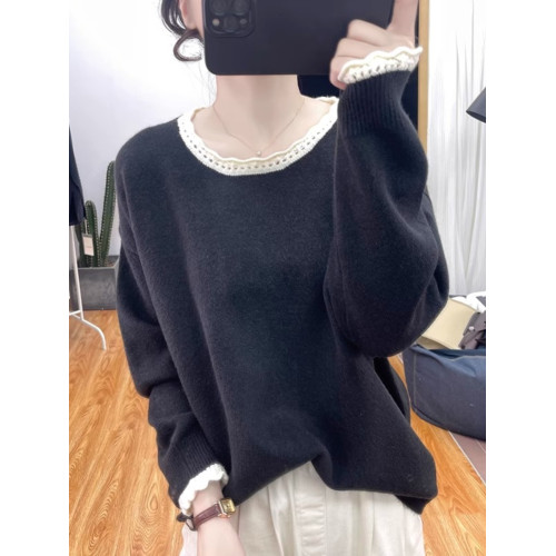 秋冬花邊領加厚拼色針織衫女減齡寬松上衣2025新款圓領打底衫毛衣 秋冬花邊領加厚拼色針織衫女減齡寬松上衣2025新款圓領打底衫毛衣