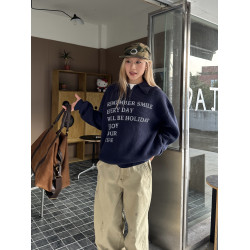 川川也半拉鍊Polo復古字母毛衣美式男女秋冬新款針織衫boxy短寬潮