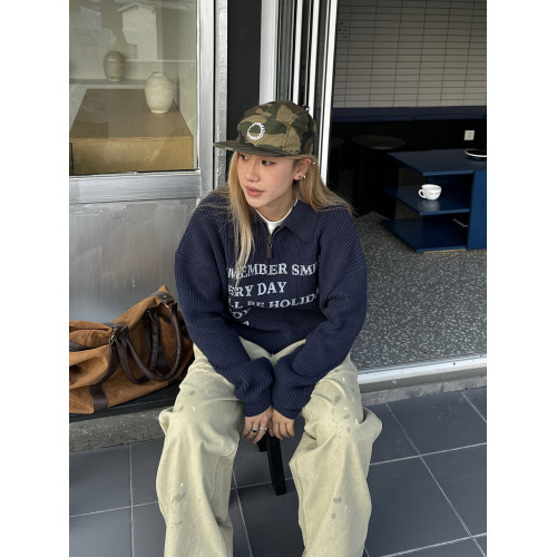 川川也半拉鍊Polo復古字母毛衣美式男女秋冬新款針織衫boxy短寬潮 川川也半拉鍊Polo復古字母毛衣美式男女秋冬新款針織衫boxy短寬潮