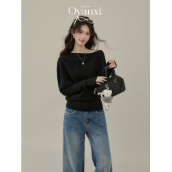 歐陽喜《溫柔小姐》斜肩拼接設計感露肩針織衫女撞色毛衣氣質上衣