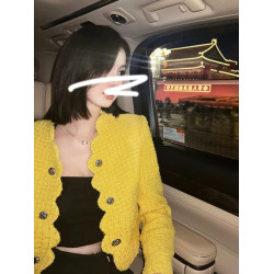 FFmiss◆小香風雙排釦羊毛呢波浪邊短外套女設計感黃色粗花呢西裝