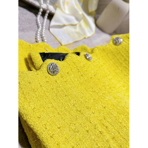 FFmiss◆小香風雙排釦羊毛呢波浪邊短外套女設計感黃色粗花呢西裝 FFmiss◆小香風雙排釦羊毛呢波浪邊短外套女設計感黃色粗花呢西裝