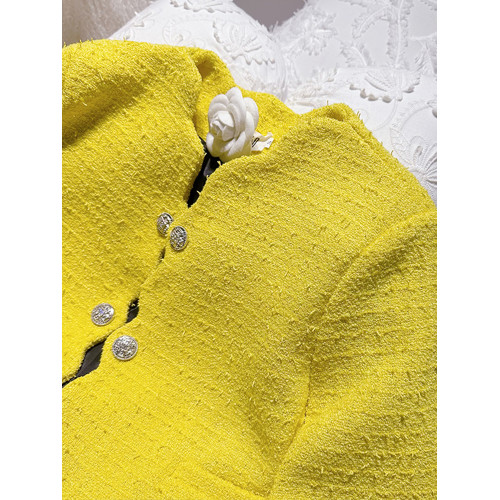 FFmiss◆小香風雙排釦羊毛呢波浪邊短外套女設計感黃色粗花呢西裝 FFmiss◆小香風雙排釦羊毛呢波浪邊短外套女設計感黃色粗花呢西裝