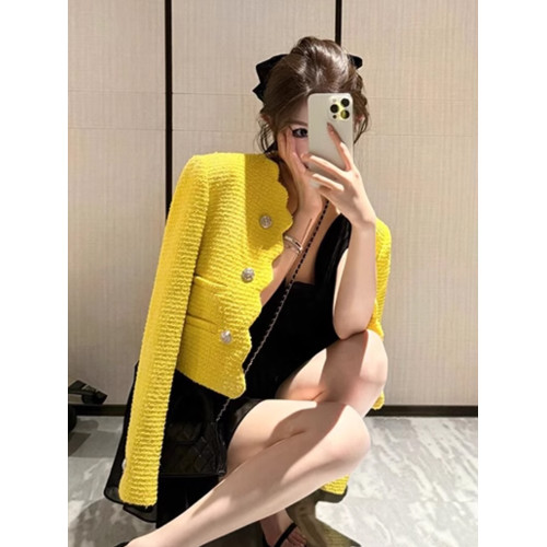 FFmiss◆小香風雙排釦羊毛呢波浪邊短外套女設計感黃色粗花呢西裝 FFmiss◆小香風雙排釦羊毛呢波浪邊短外套女設計感黃色粗花呢西裝