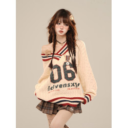 kellykitty沃茨學院 %美式慵懶露肩毛衣女秋冬寬松V領麻花上衣