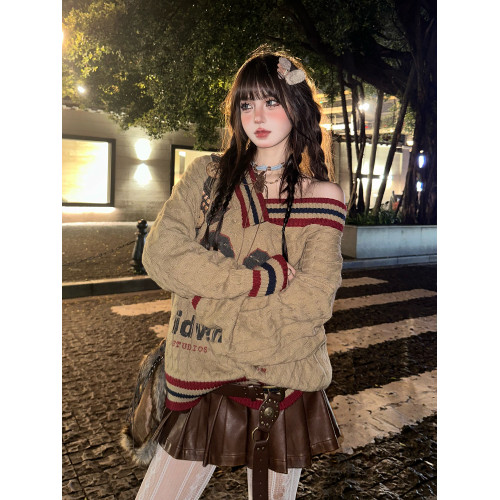 kellykitty沃茨學院 %美式慵懶露肩毛衣女秋冬寬松V領麻花上衣 kellykitty沃茨學院 %美式慵懶露肩毛衣女秋冬寬松V領麻花上衣
