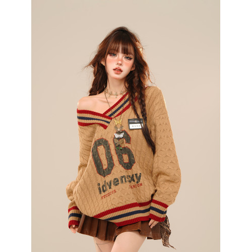 kellykitty沃茨學院 %美式慵懶露肩毛衣女秋冬寬松V領麻花上衣 kellykitty沃茨學院 %美式慵懶露肩毛衣女秋冬寬松V領麻花上衣