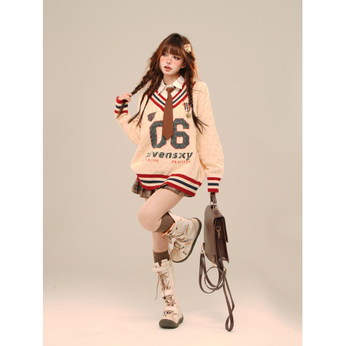 kellykitty沃茨學院 %美式慵懶露肩毛衣女秋冬寬松V領麻花上衣 kellykitty沃茨學院 %美式慵懶露肩毛衣女秋冬寬松V領麻花上衣