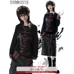 pinksavior【萬聖前夜】紅黑設計拼格毛衣柔軟牛仔半裙設計感秋冬