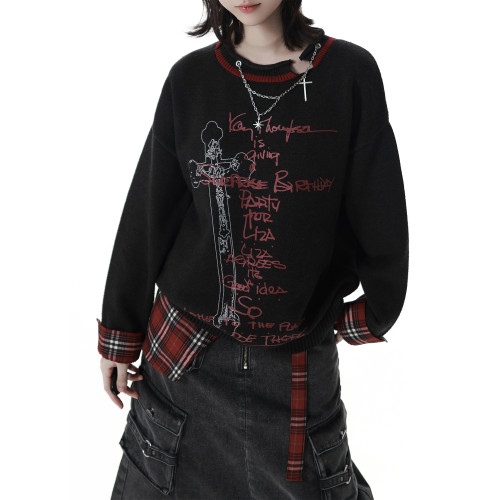 pinksavior【萬聖前夜】紅黑設計拼格毛衣柔軟牛仔半裙設計感秋冬 pinksavior【萬聖前夜】紅黑設計拼格毛衣柔軟牛仔半裙設計感秋冬