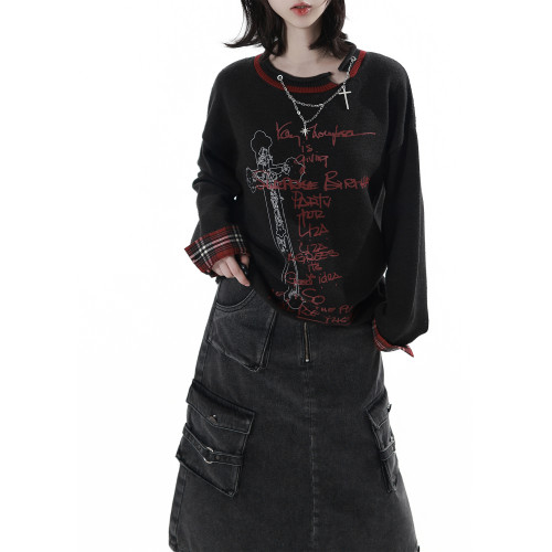 pinksavior【萬聖前夜】紅黑設計拼格毛衣柔軟牛仔半裙設計感秋冬 pinksavior【萬聖前夜】紅黑設計拼格毛衣柔軟牛仔半裙設計感秋冬