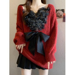 酒紅色洋氣V領正肩毛衣女2025冬新款大碼胖mm立體花朵蝴蝶結上衣