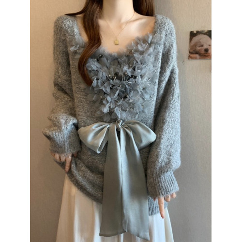 酒紅色洋氣V領正肩毛衣女2025冬新款大碼胖mm立體花朵蝴蝶結上衣 酒紅色洋氣V領正肩毛衣女2025冬新款大碼胖mm立體花朵蝴蝶結上衣