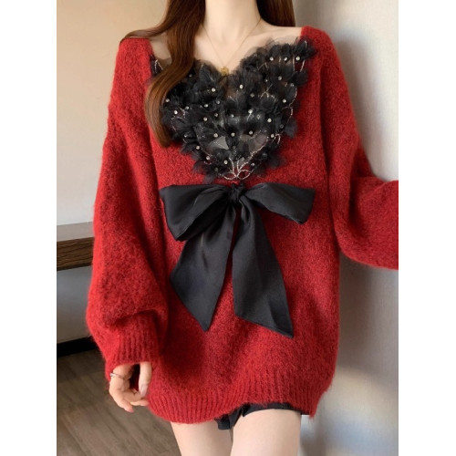 酒紅色洋氣V領正肩毛衣女2025冬新款大碼胖mm立體花朵蝴蝶結上衣 酒紅色洋氣V領正肩毛衣女2025冬新款大碼胖mm立體花朵蝴蝶結上衣