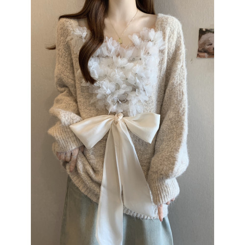 酒紅色洋氣V領正肩毛衣女2025冬新款大碼胖mm立體花朵蝴蝶結上衣 酒紅色洋氣V領正肩毛衣女2025冬新款大碼胖mm立體花朵蝴蝶結上衣