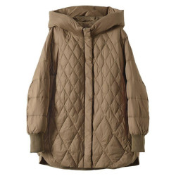 200斤自製連帽白鴨羽絨服女菱格文藝休閒保暖寬松保暖大碼外套