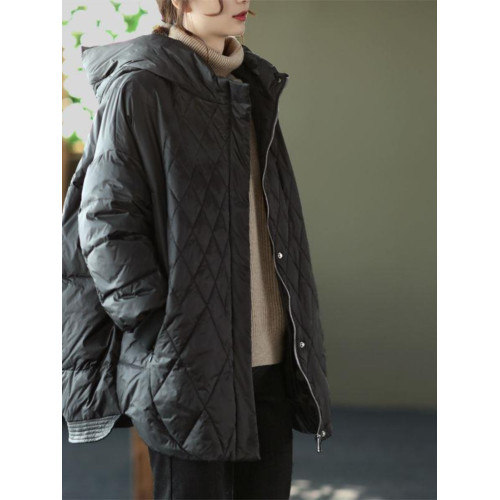 200斤自製連帽白鴨羽絨服女菱格文藝休閒保暖寬松保暖大碼外套 200斤自製連帽白鴨羽絨服女菱格文藝休閒保暖寬松保暖大碼外套