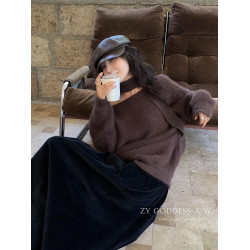 2024秋冬新款韓版設計感懶惰風斜肩毛茸茸毛衣純欲寬松飄帶針織衫