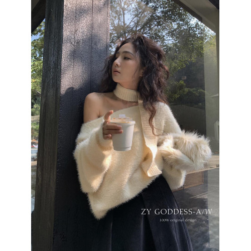 2024秋冬新款韓版設計感懶惰風斜肩毛茸茸毛衣純欲寬松飄帶針織衫 2024秋冬新款韓版設計感懶惰風斜肩毛茸茸毛衣純欲寬松飄帶針織衫