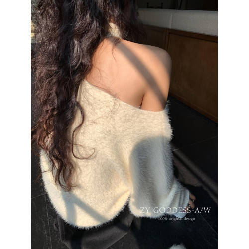 2024秋冬新款韓版設計感懶惰風斜肩毛茸茸毛衣純欲寬松飄帶針織衫 2024秋冬新款韓版設計感懶惰風斜肩毛茸茸毛衣純欲寬松飄帶針織衫