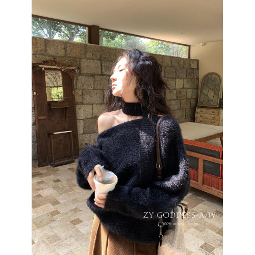 2024秋冬新款韓版設計感懶惰風斜肩毛茸茸毛衣純欲寬松飄帶針織衫 2024秋冬新款韓版設計感懶惰風斜肩毛茸茸毛衣純欲寬松飄帶針織衫