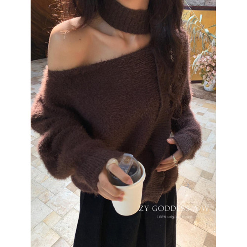 2024秋冬新款韓版設計感懶惰風斜肩毛茸茸毛衣純欲寬松飄帶針織衫 2024秋冬新款韓版設計感懶惰風斜肩毛茸茸毛衣純欲寬松飄帶針織衫