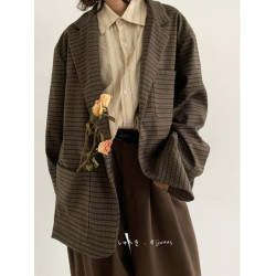 春秋日系復古細格紋西服男女生寬松休閒小衆設計小西裝上衣外套潮