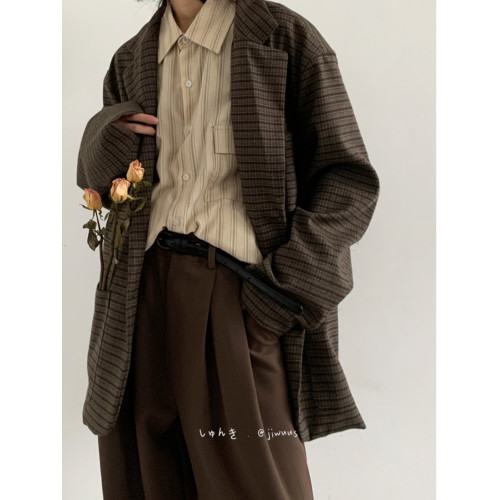 春秋日系復古細格紋西服男女生寬松休閒小衆設計小西裝上衣外套潮 春秋日系復古細格紋西服男女生寬松休閒小衆設計小西裝上衣外套潮