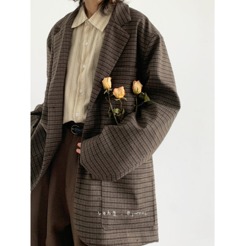 春秋日系復古細格紋西服男女生寬松休閒小衆設計小西裝上衣外套潮 春秋日系復古細格紋西服男女生寬松休閒小衆設計小西裝上衣外套潮