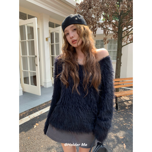 十三行2025秋冬新款HOLDER韓版慵懶寬松水貂毛斜肩長袖毛衣上衣女 十三行2025秋冬新款HOLDER韓版慵懶寬松水貂毛斜肩長袖毛衣上衣女