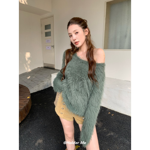 十三行2025秋冬新款HOLDER韓版慵懶寬松水貂毛斜肩長袖毛衣上衣女 十三行2025秋冬新款HOLDER韓版慵懶寬松水貂毛斜肩長袖毛衣上衣女