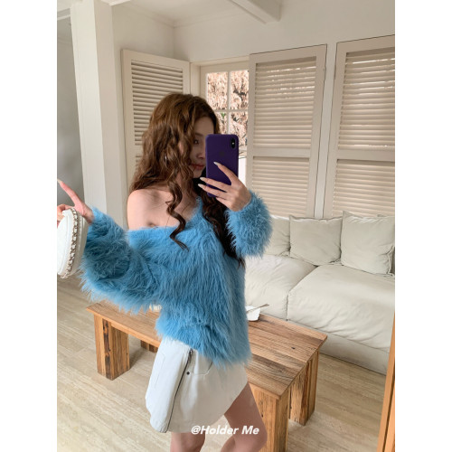 十三行2025秋冬新款HOLDER韓版慵懶寬松水貂毛斜肩長袖毛衣上衣女 十三行2025秋冬新款HOLDER韓版慵懶寬松水貂毛斜肩長袖毛衣上衣女