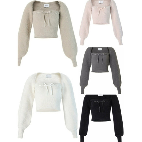 韓國chic秋季減齡復古小衆氣質柔軟仿貂絨綁帶針織上衣甜辣兩件套 韓國chic秋季減齡復古小衆氣質柔軟仿貂絨綁帶針織上衣甜辣兩件套