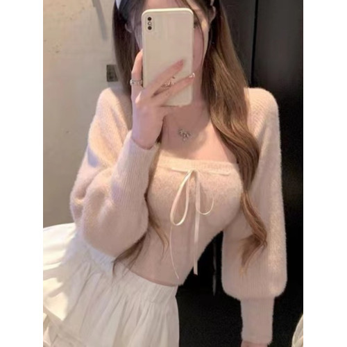 韓國chic秋季減齡復古小衆氣質柔軟仿貂絨綁帶針織上衣甜辣兩件套 韓國chic秋季減齡復古小衆氣質柔軟仿貂絨綁帶針織上衣甜辣兩件套