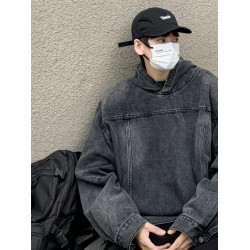 重磅水洗牛仔衛衣男春秋季潮牌寬松連帽夾克ins美式高街情侶外套